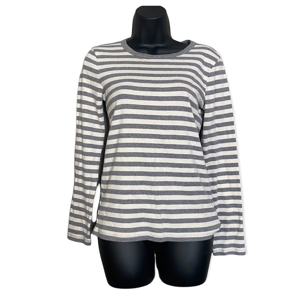 JOE FRESH Basic Tee Long Sleeve Crew Neck Gray White Strip Cotton Shirt